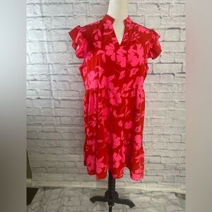 Temu Red & Pink Floral Ruffle Sleeve Tiered Dress‎ V-Neck Boho Chic Size Large